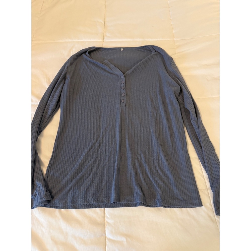 Womens Long Sleeve Ribbed Henley Top Dusty Blue V-Neck Knit Shirt XL